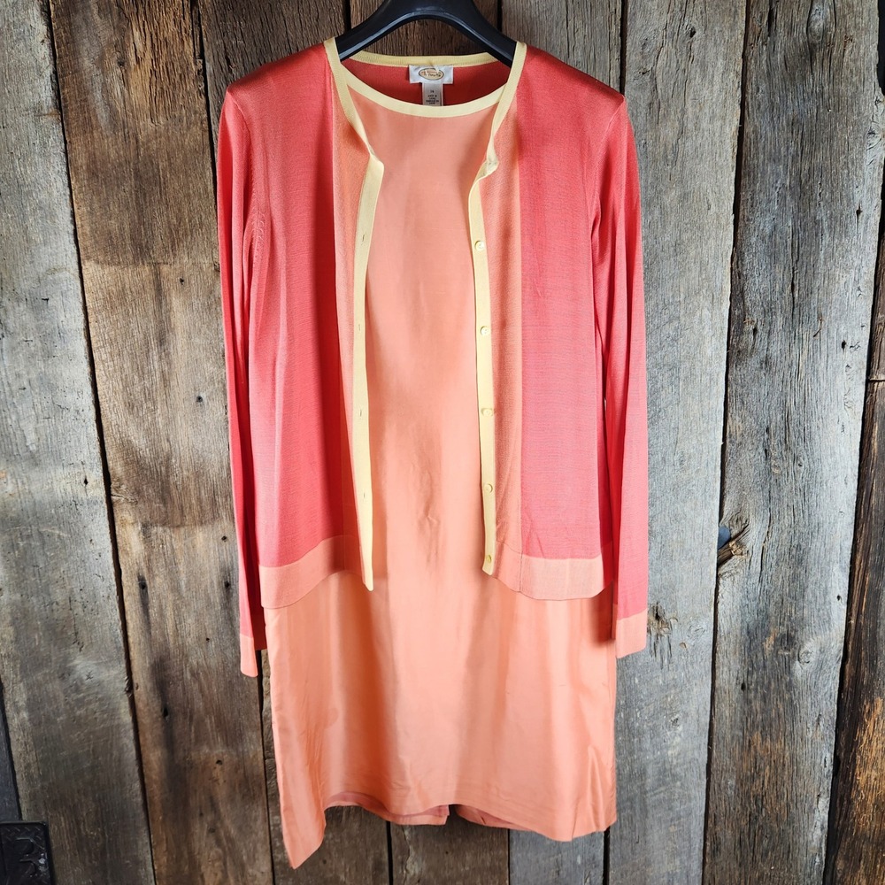 Talbots 100%‎ Silk Dress and Cardigan Set Womens 14 Coral Peach Colorblock 2pc